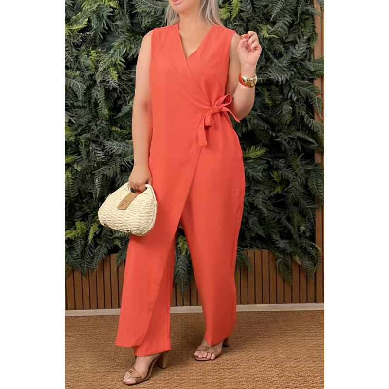 Women's Solid Color Casual V-neck Bandage Jumpsuit