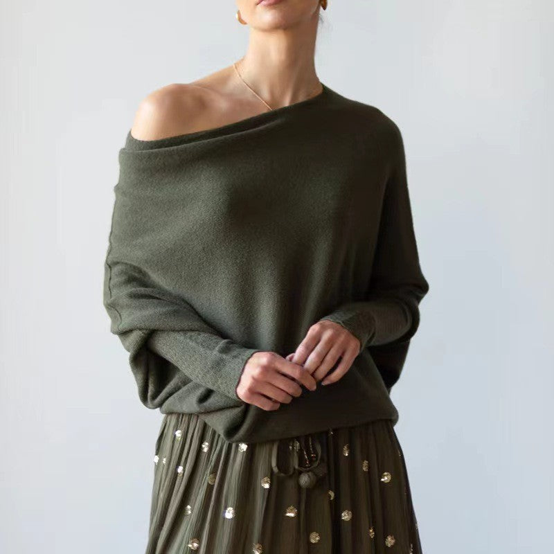 Solid Color Off-Shoulder Pullover Knitted Loose Sweater