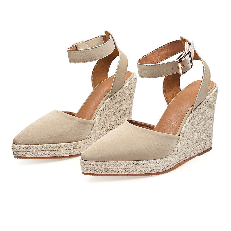 Women's Straw Woven Wedge Platform High Heel Pointed Toe Sandals