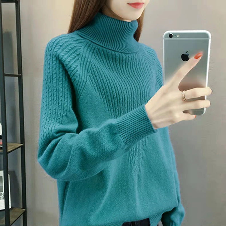 Women's Loose Fit Solid Color Twist Knit High Collar Sweater