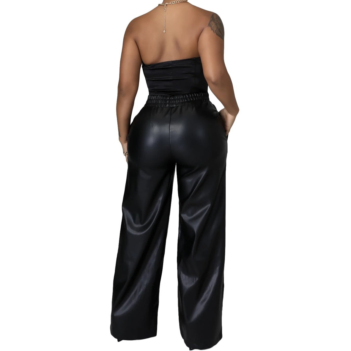 Solid Color PU Leather Wide-Leg Pants with Pockets, Loose Fit