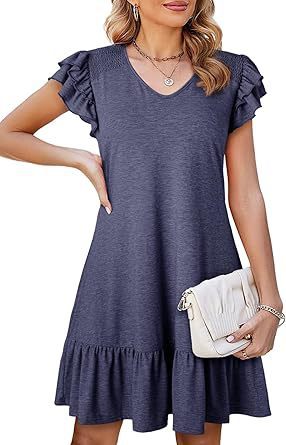 Women's V-Neck Ruffled Loose-Fit Waist Short Sleeve Dress