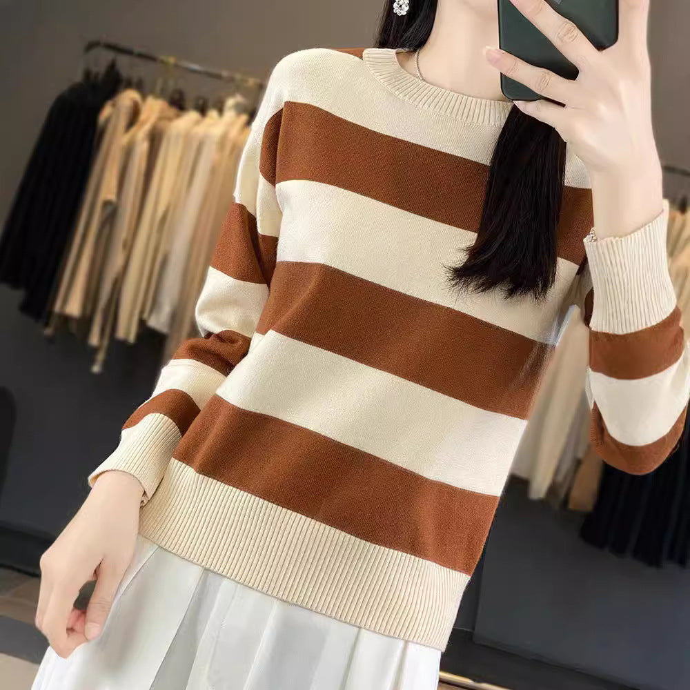 Women's Round Neck Sweater – Loose-Fitting with Striped Long Sleeves