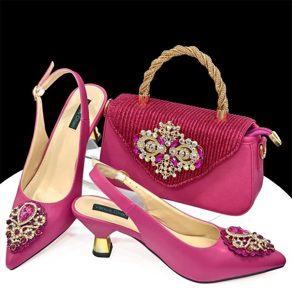 Casual French Style Small Square Pointed Toe Slingback High Heels with Matching Women's Shoes and Bag Set