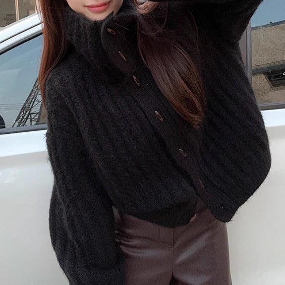 Retro Soft Knit Turtleneck Sweater with Horn Button Design