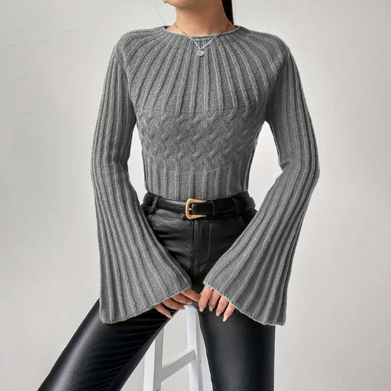 Women's Fashion Pullover Sweater with Round Neck and Flared Sleeves