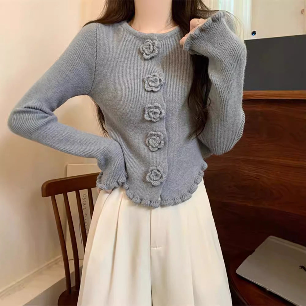 Women's Three-Dimensional Flower Long-Sleeve Sweater with Wooden Button Details