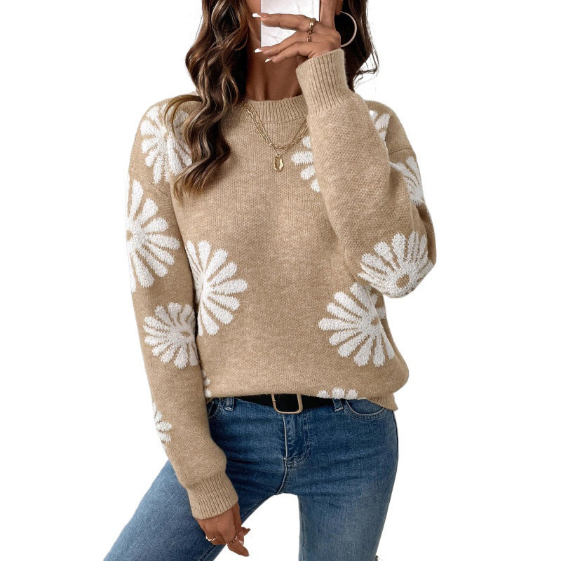 Women's Loose Long Sleeve Round Neck Flower Sweater