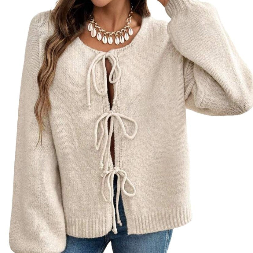 Women's Casual Loose Lace-Up Cardigan – Solid Color Sweater