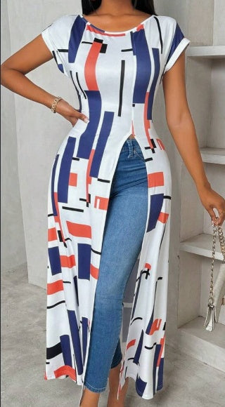 Women's Summer High-Slit Maxi T-Shirt Dress – Casual Geometric Print Style