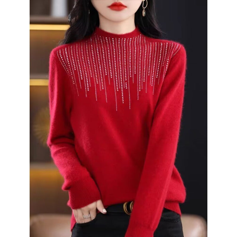 Women's Diamond-Embedded Half-Turtleneck Wool Sweater Pullover