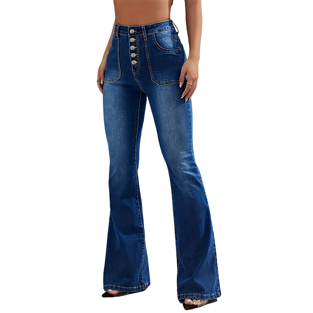 New High Waist Micro Pull American Jeans with Single Breasted Design