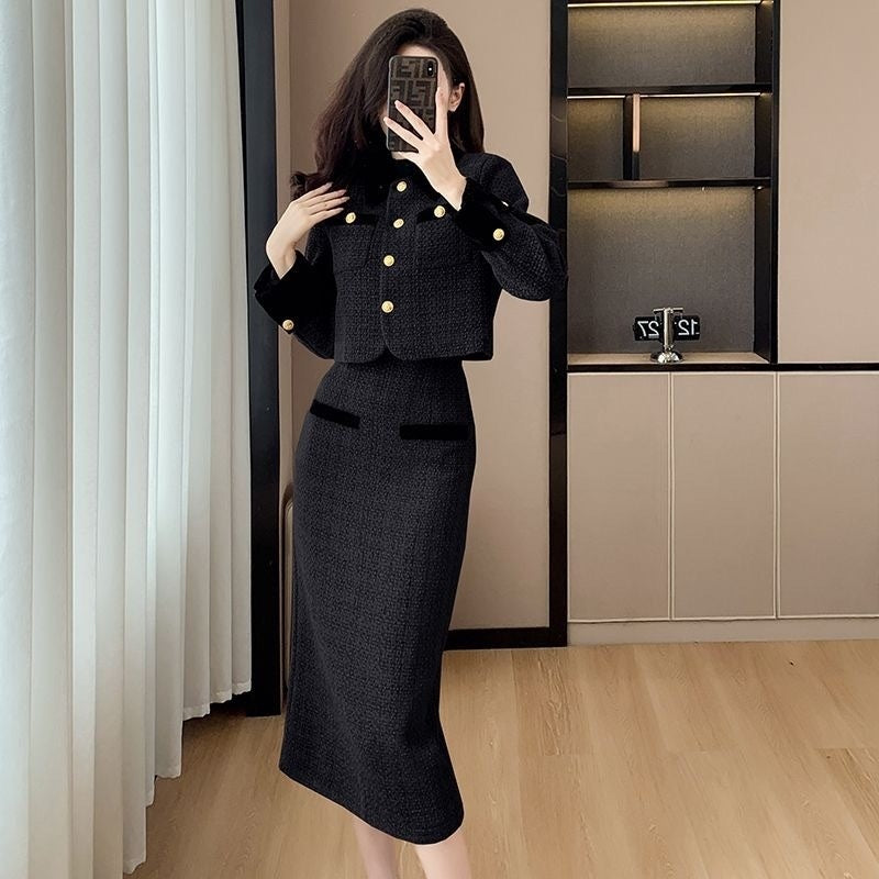 Women's French Style High-End Tweed Chanel-Inspired Skirt and Coat Set