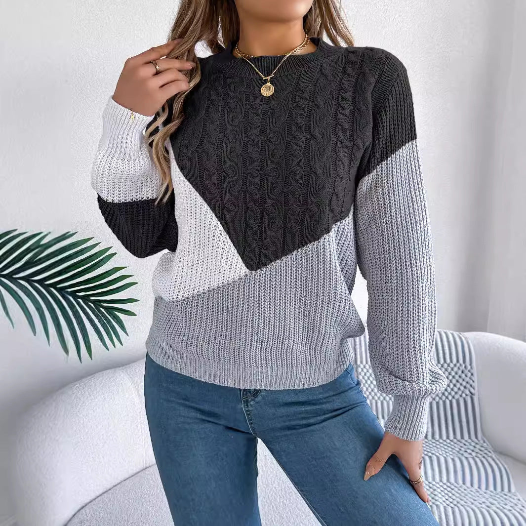 Women's Contrast Color Twist Long Sleeve Pullover Sweater