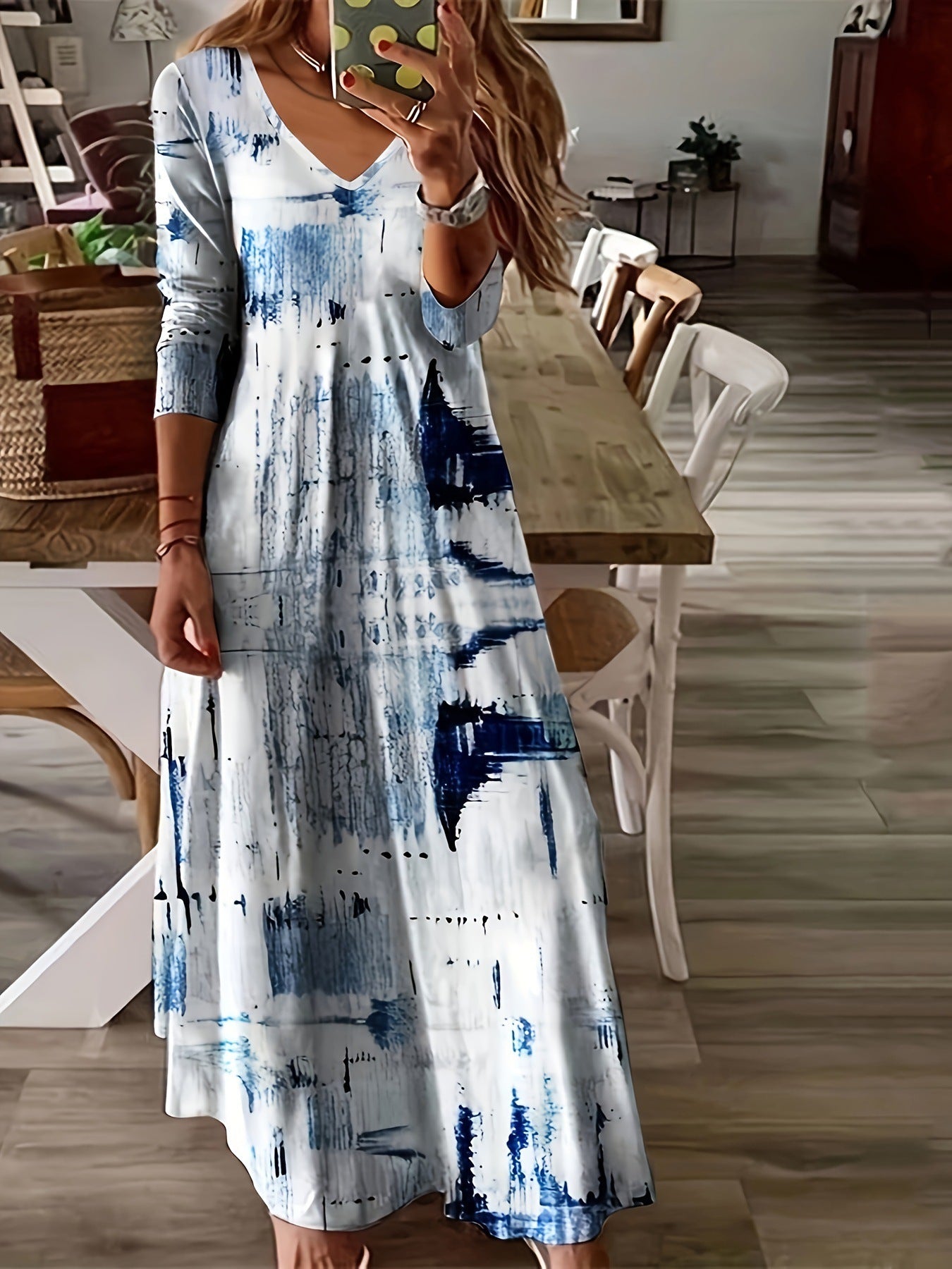 Women's Long-Sleeve Printed Dress with a Flowy Big Hem Design