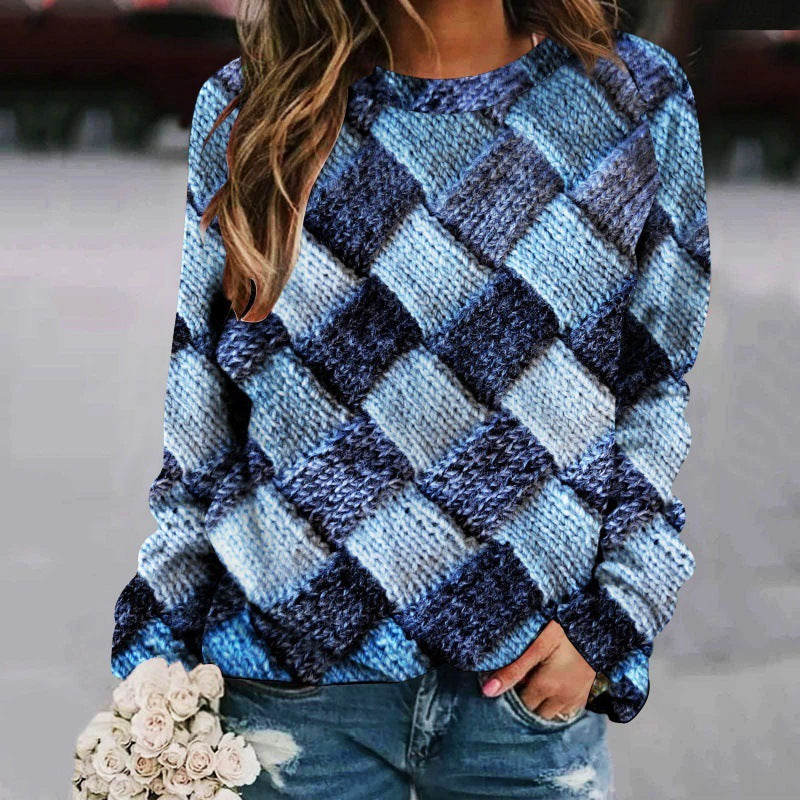 Creative Sweater with Printed Patchwork, Round Neck, and Raglan Long Sleeves