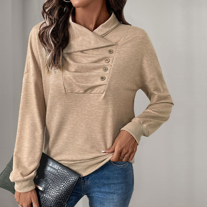 Button Stand Collar Sweater with Pleating