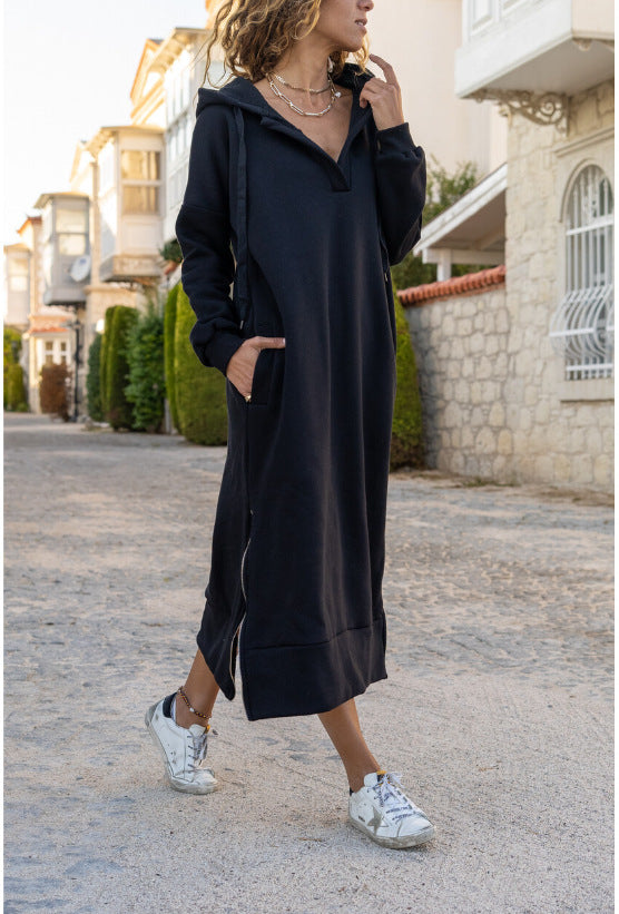 Oversized Loose Knit Hooded Dress, Fleece-Lined Casual Fashion