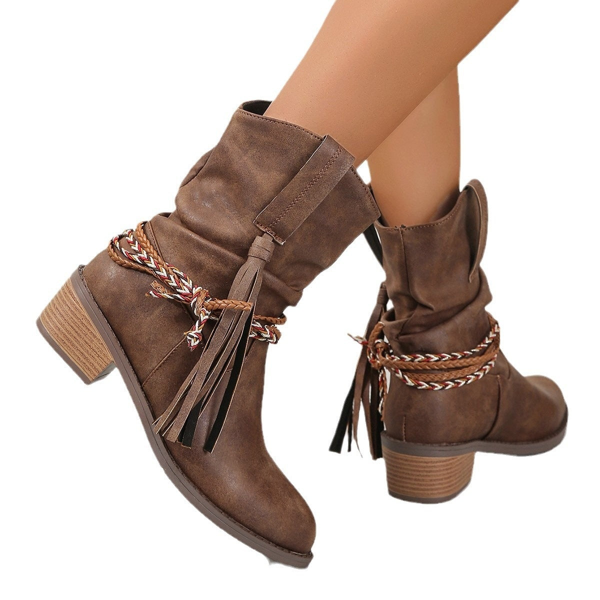 Women's Short Pleated Tassel Boots with High Heel and Mid-Calf Length for Autumn and Winter