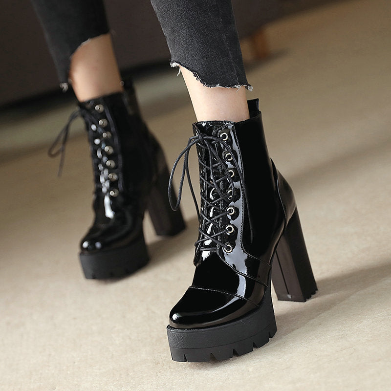 Super High-Heel Round-Toe Thick-Heel Platform Lace-Up Patent Leather Martin Boots