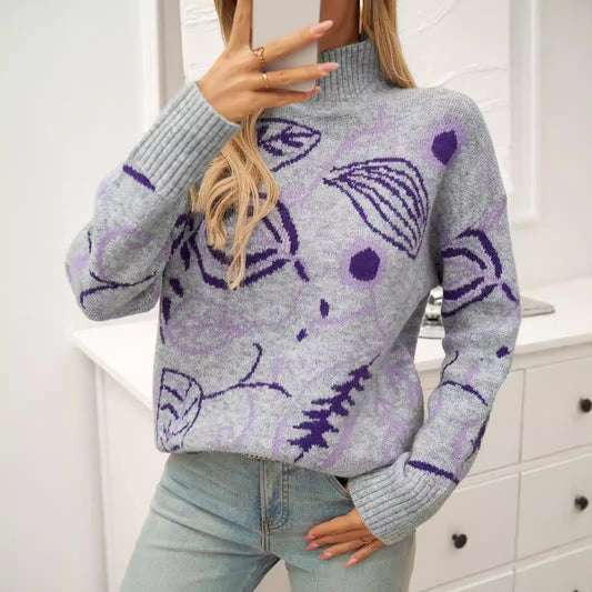 Turtleneck Jacquard Pullover Sweater – Women's Fashion Top