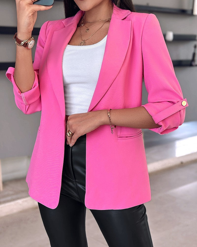 Women's Casual Blazer with Rolled Sleeves and Pockets