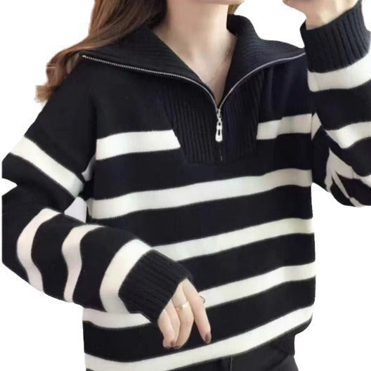 Women's Zippered Contrast Color Striped Sweater