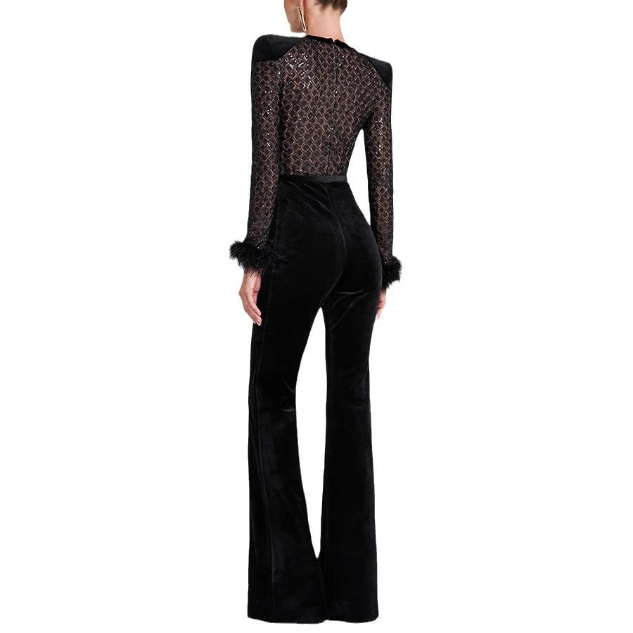 Long-Sleeve Pleuche Patchwork Jumpsuit