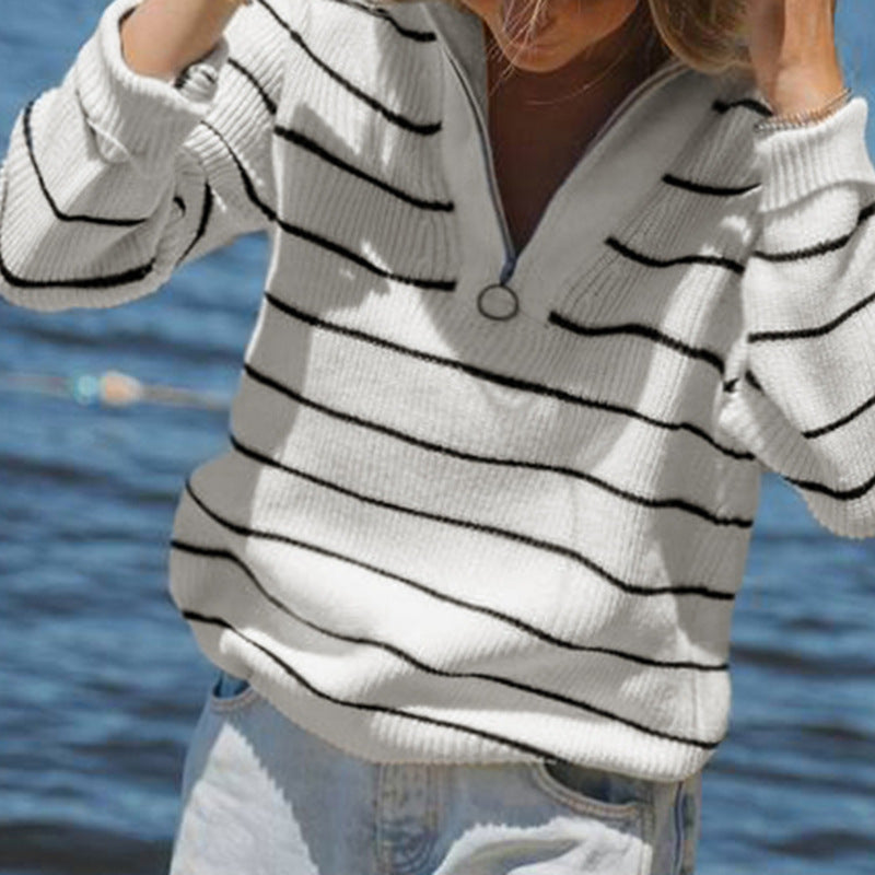 European and American Fashion Casual Striped Sweater with Lapel Collar