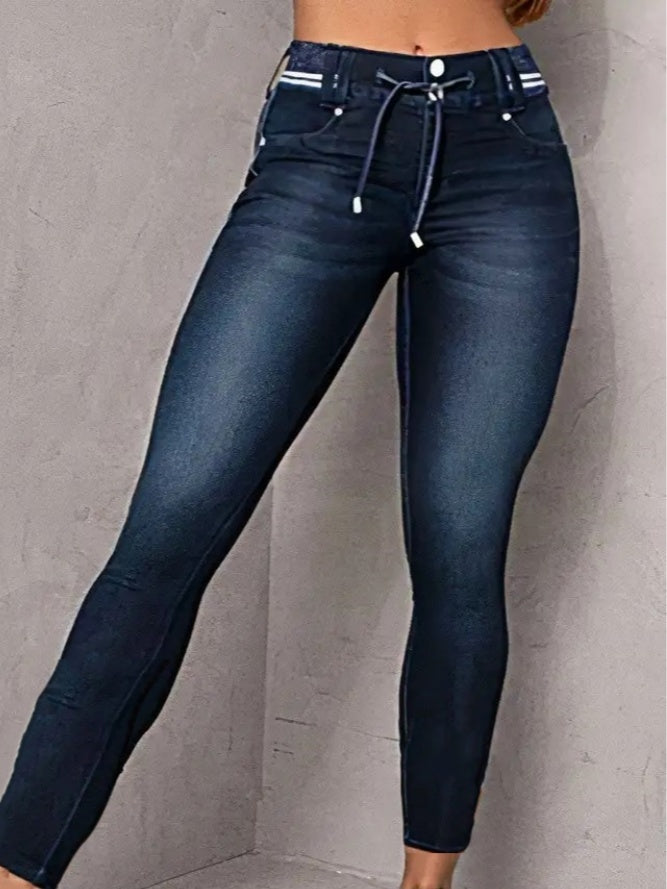 Athleisure Style Skinny Jeans For Women, A Sporty Drawstring Waist, Butt-Lifting Dark Wash Jeggings