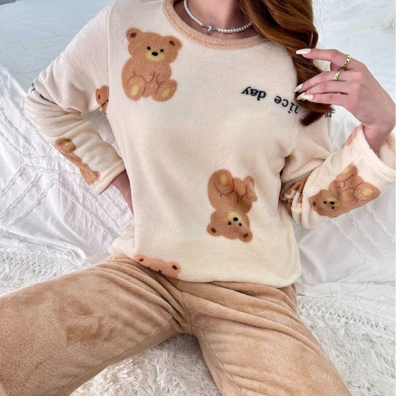 Autumn and Winter Pajama Set – Flannel with Bear Print, Long-Sleeved Top and Trousers