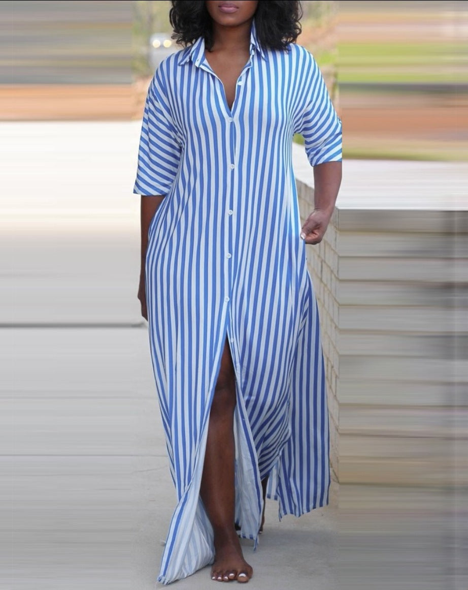 Women's Loose V-Neck Long Striped Shirt Dress