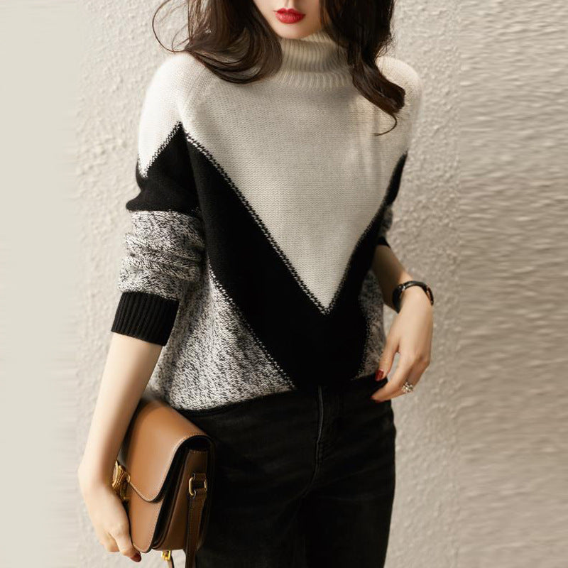 Women's Color-Block Turtleneck Sweater – Stylish and Versatile Bottoming Top