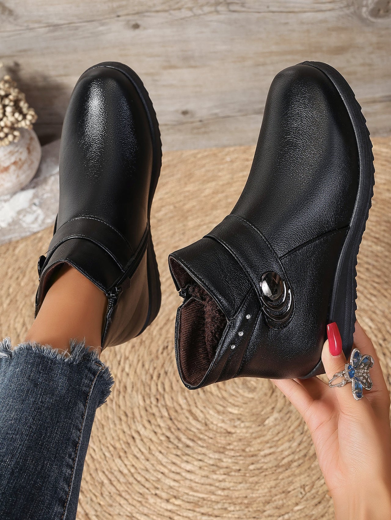 Women's Leather Boots with Fleece Lining, Non-Slip, Warm Cotton Shoes