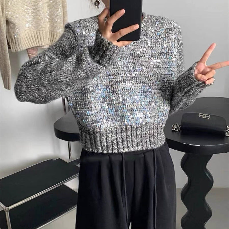 Korean Style O-Neck Sequined Short Pullover Sweater