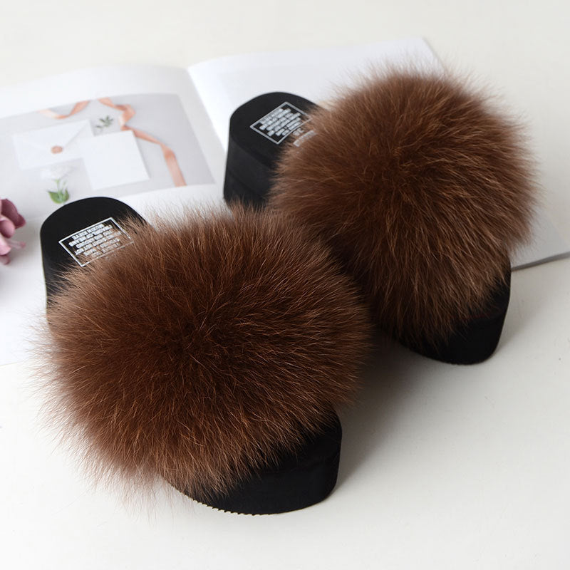 New Fox Fur Women Sandals Height Increasing Casual