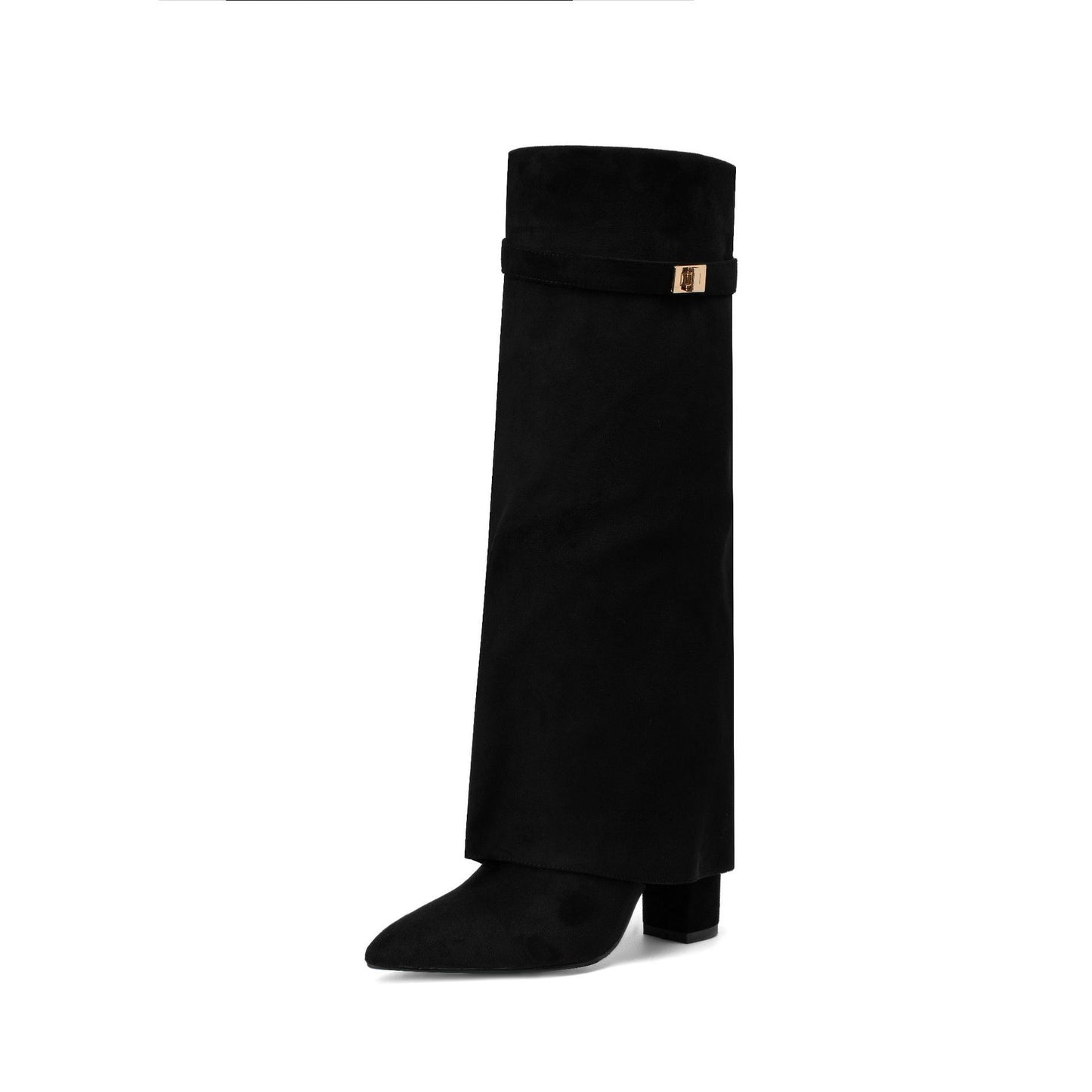 Pointed Toe Wide Calf Straight Long Boots with Metal Buckle