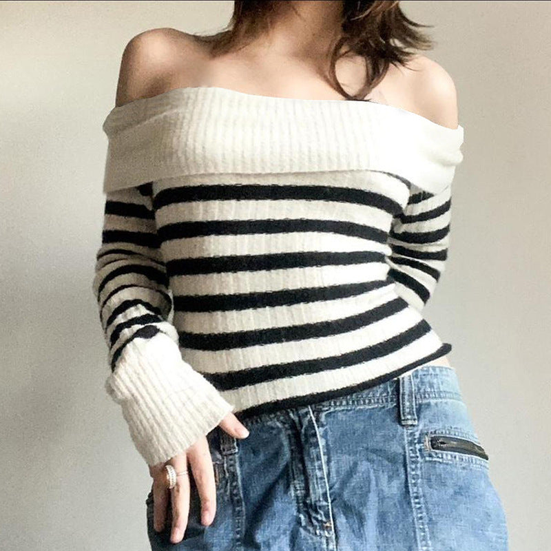 European and American Style Off-Shoulder Sweater with Contrast Color Stripes