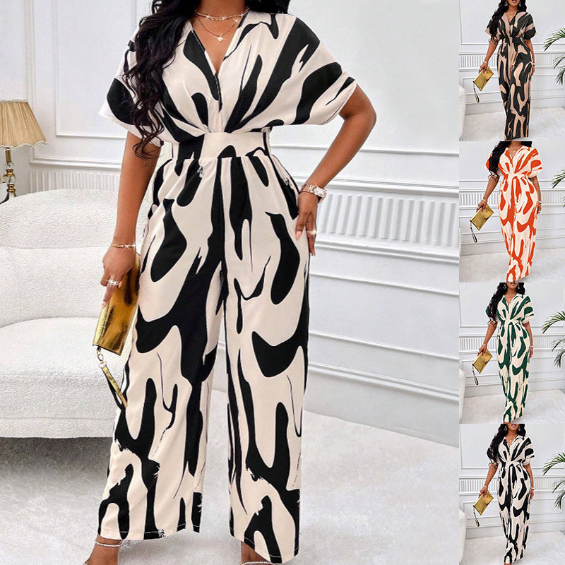 V-Neck Loose-Fit Printed Long Jumpsuit