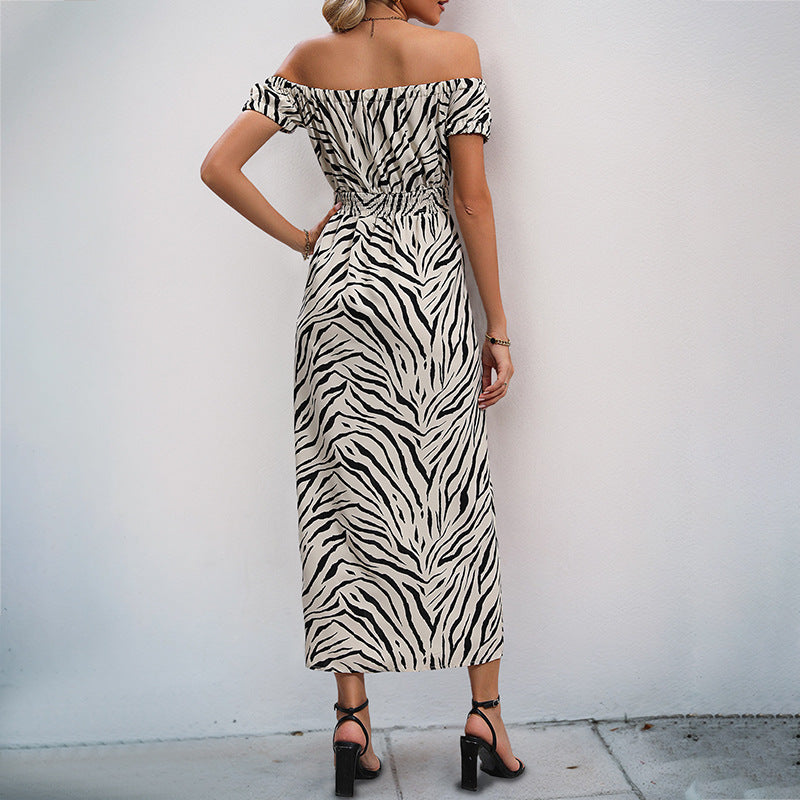 Mid-Length Striped Off-Shoulder Dress with Split Detail