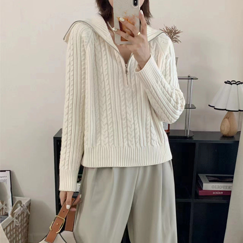 Women's Lapel Half-Zipper Cable-Knit Pullover Sweater