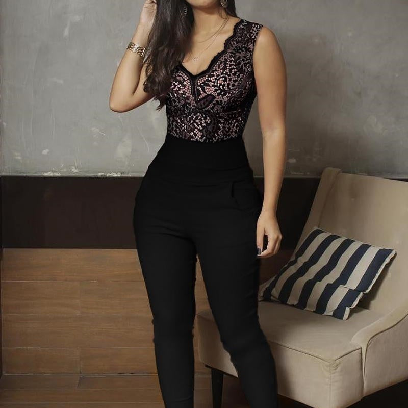 New Arrival V-neck Lace Jumpsuit – Stylish and Elegant for Women