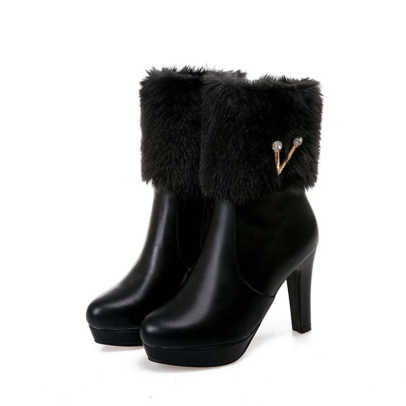 Autumn and Winter Short Snow Boots for Women, Chunky Heel Buskin Booties