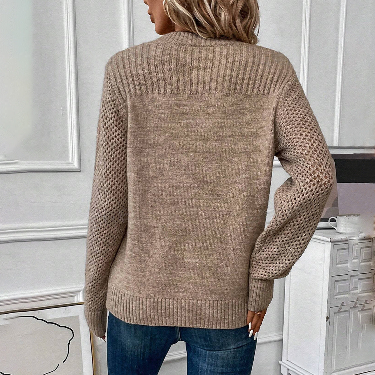 European and American Style Round Neck Long Sleeve Solid Color Sweater