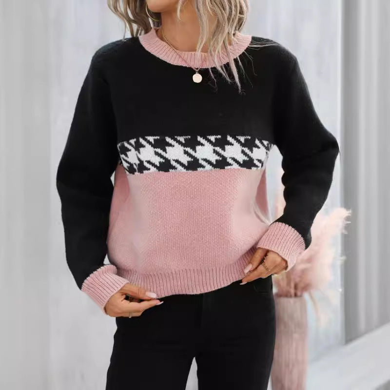 Fashionable Contrast Color Round Neck Knitted Sweater