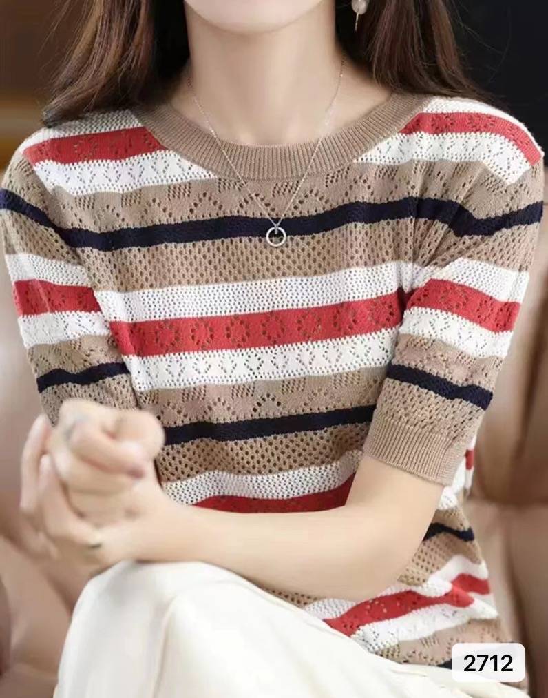 Color-Block Hollow-Out Loose Striped Top with Half Sleeves