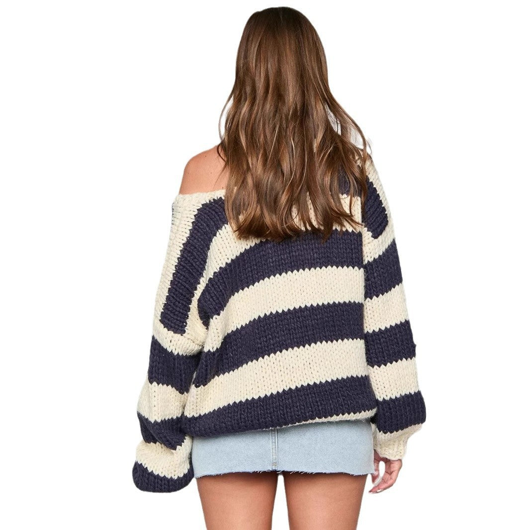 Fall and Winter Fashion Casual Loose Knitted Sweater – Oblique Shoulder Design