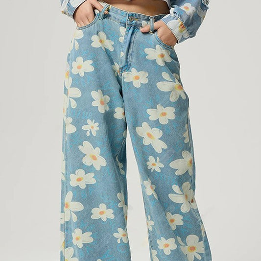 Vintage Floral Print Straight-leg Jeans