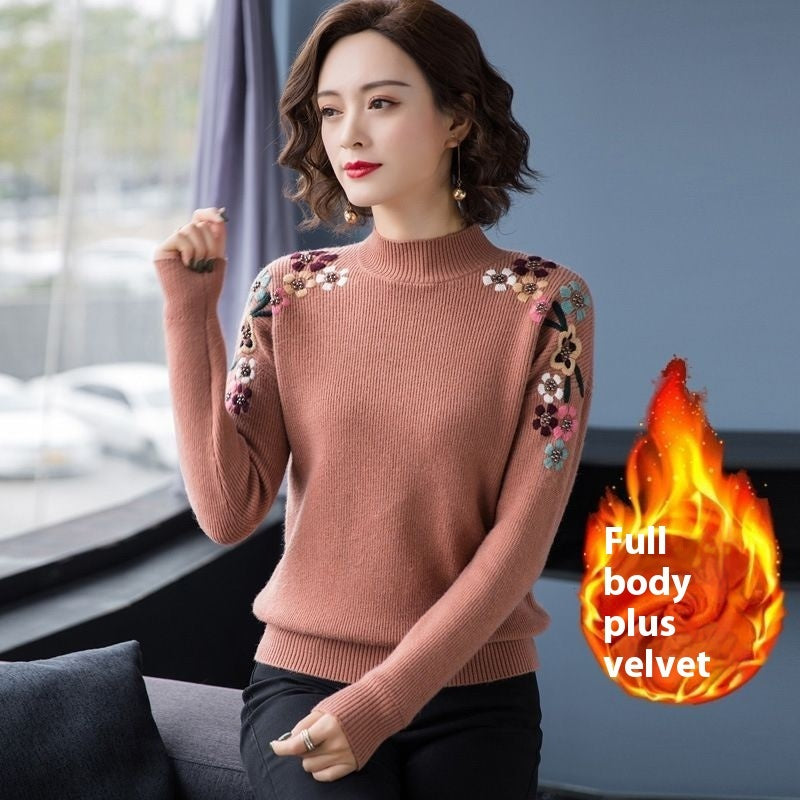 Popular Embroidered Women's New Loose-Fit High Collar Bottoming Shirt