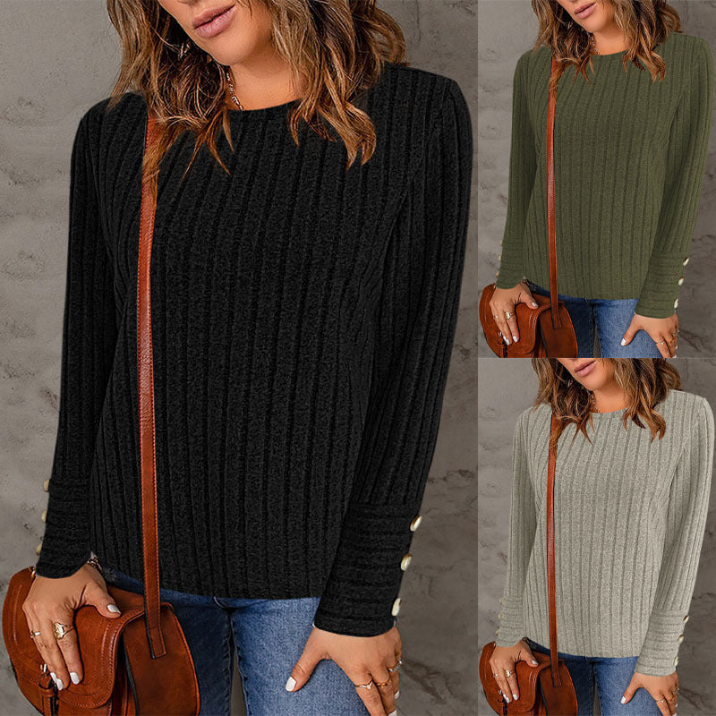 Pullover Round Neck Long Sleeve Top with Fashionable Button Detail